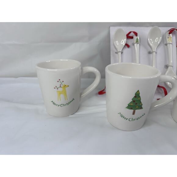 BIA Happy Holidays Set of 4 Christmas Mugs & Matching Ceramic Spoons Cordon Bleu - Picture 3 of 8
